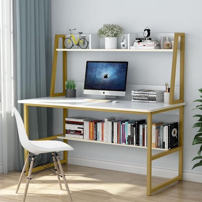 Tribesigns Computer Desk with Hutch, 47 inches Home Office Desk with Space Saving Design with Bookshelf for Small Spaces (White &gold, 47) - LeafyLoom