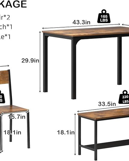 SogesHome 4 Piece Kitchen Dining Room Table Sets for 4, Modern Wooden Table with 2 Chairs and a Long Bench, Space-Saving Table Set for Restaurant, Coffee Shop, Vintage Brown - LeafyLoom