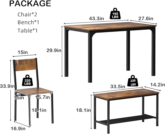 SogesHome 4 Piece Kitchen Dining Room Table Sets for 4, Modern Wooden Table with 2 Chairs and a Long Bench, Space-Saving Table Set for Restaurant, Coffee Shop, Vintage Brown - LeafyLoom