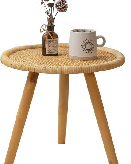 Rattan Round Coffee Table, Boho Circle Side Table End Table for Living Room, Small Mid Century Accent Table for Bedroom Balcony - LeafyLoom