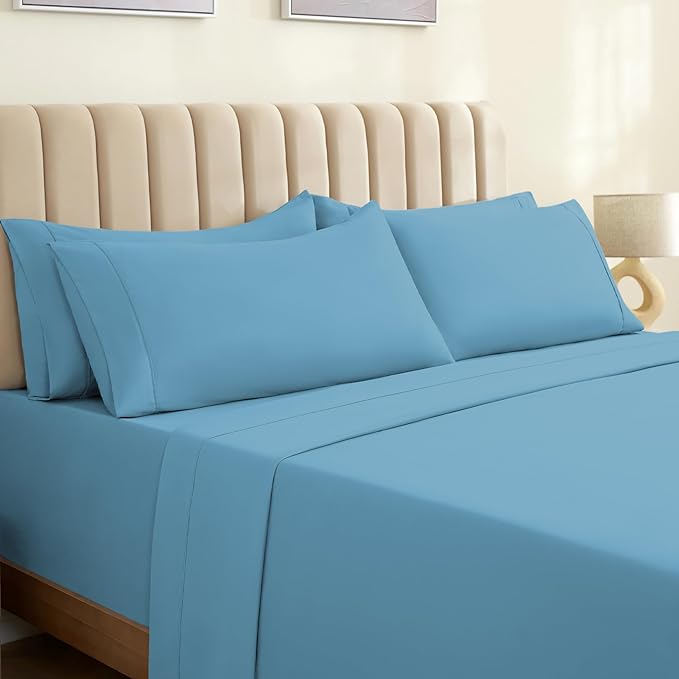 LuxClub 6 PC California King Size Sheet Set Sheets Deep Pockets 18" Eco Friendly Wrinkle Free Cooling Sheets Machine Washable Hotel Bedding Silky Soft - Denim California King - LeafyLoom