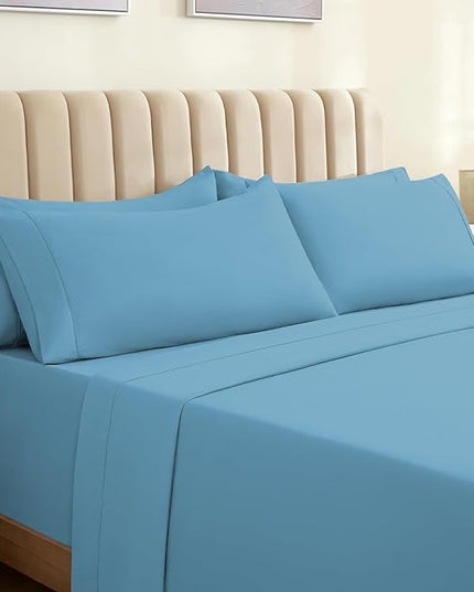 LuxClub 7 PC Split King Sheet Set Sheets Deep Pockets 18" Eco Friendly Wrinkle Free Cooling Sheets Machine Washable Hotel Bedding Silky Soft - Denim Split King - LeafyLoom