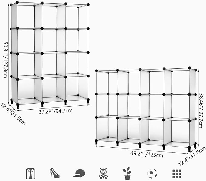ANWBROAD Cube Storage Organizer 12-cube DIY Modular Closet Organizer Plastic Bookshelf Bookcase Storage Shelves Units Rubber Hammer for Bedroom Office Living Room ULCS012T - LeafyLoom
