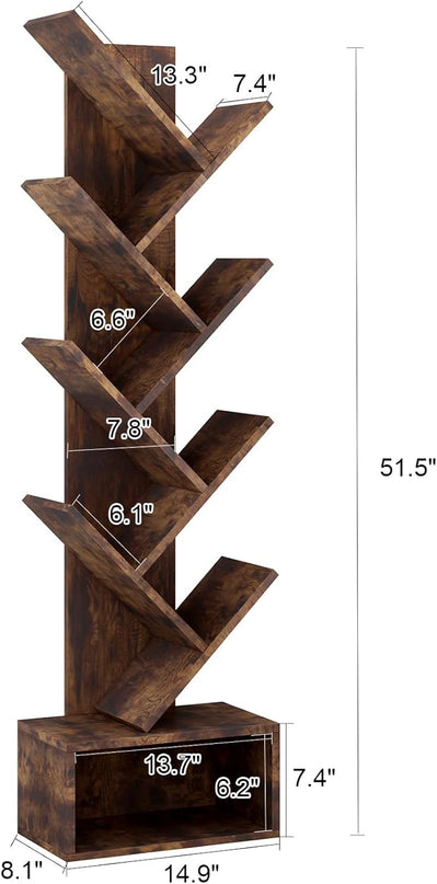 Tree Bookshelf with Storage, 8 Tier Wooden Tall Book Shelf, Floor Standing Bookcase for Kids and Adults, Utility Organizer Shelves for Living Room, Bedroom, Home Office, Brown - LeafyLoom