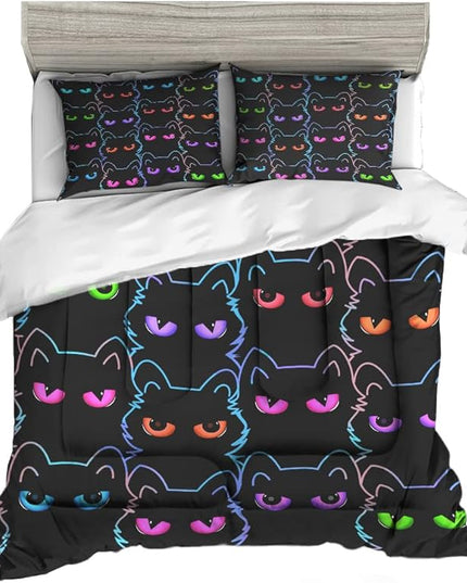 Sunnycitron Cartoon Cat Bedding Full size Black Cat Comforter Gradient Line Bedding set 3D Neon Cat Comforter Cute Cat Bed Set Black Cat Quilt set for Teens Kids Boys Girls Adults - LeafyLoom