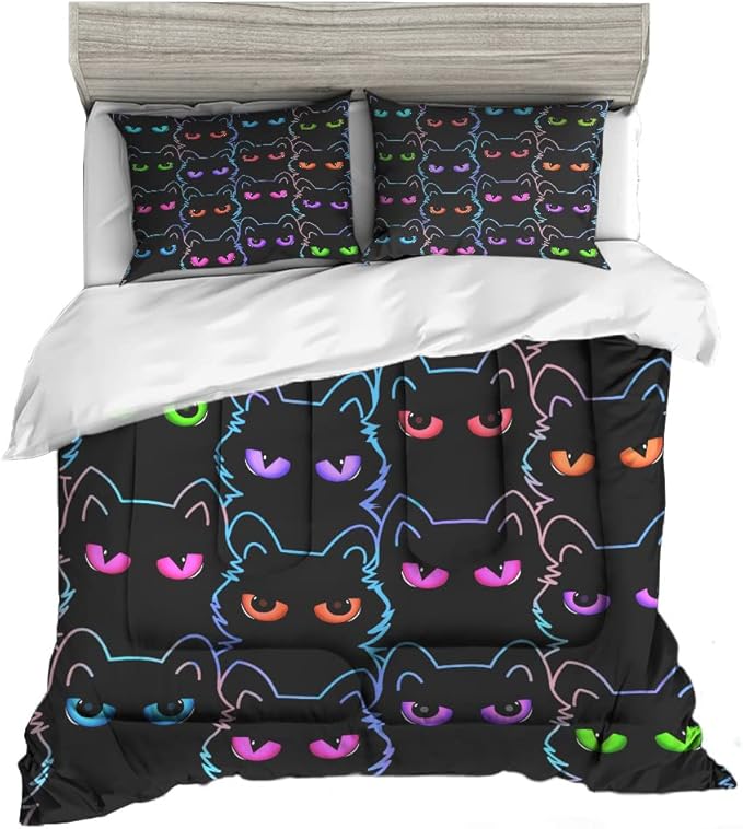 Sunnycitron Cartoon Cat Bedding Cute Cat Comforter Twin Black Cat Comforter set Gradient Line Cat Quilt 3D Neon Cat Bed set Black Cat Bedding set for Teens Kids Boys Girls Adults - LeafyLoom
