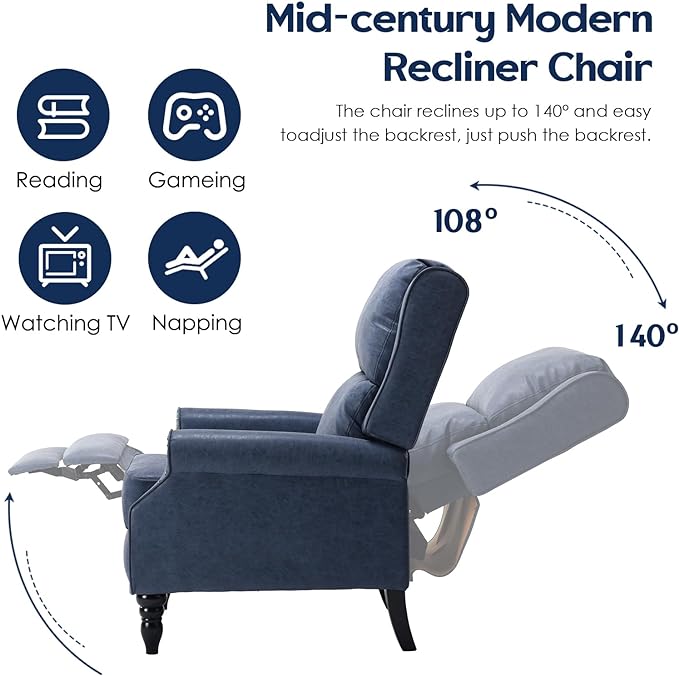 STARY Faux Leather Pushback Recliner Chair for Living Room Bedroom RV, Royal Blue - LeafyLoom