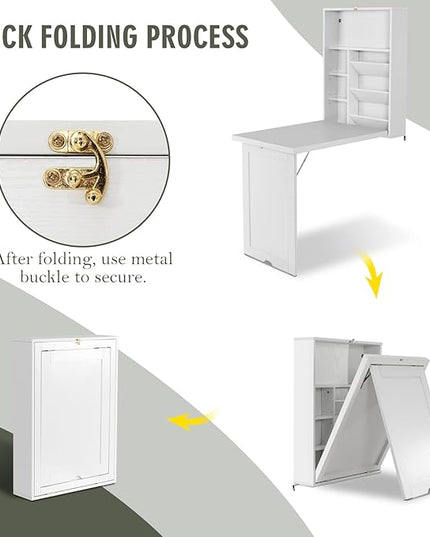 Wall Mounted Table w/Classified Storage Space, Foldable Multiple-Purpose Desk, Sturdy Wood Structure, White - LeafyLoom