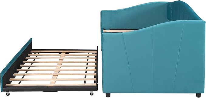 Twin Size Upholstered Daybed with Trundle, Wood Slat Support Sofa Bed with Armrest, No Box Spring Needed, Easy to Assemble, for Studio, Bedroom, Living, Guest Room, Blue - LeafyLoom