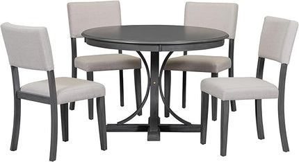 5-Piece Retro Round Dining Table Set with Curved Trestle Style Legs and 4 Upholstered Chairs for Kitchen, Breakfast Nook, Living Room, 44-inch, Dark Gray, 44" L x 44" W x 30.2" H - LeafyLoom
