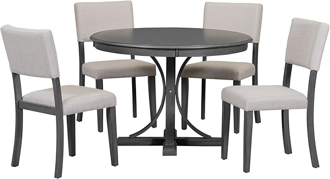 5-Piece Retro Round Dining Table Set with Curved Trestle Style Legs and 4 Upholstered Chairs for Kitchen, Breakfast Nook, Living Room, 44-inch, Dark Gray, 44" L x 44" W x 30.2" H - LeafyLoom