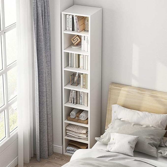 IOTXY Small Narrow Corner Bookcase - 47 Inches Tall Gap Freestanding Storage Cabinet, 5 Lattices Open Shelves Tower Rack, Cubes Bookshelf in White - LeafyLoom