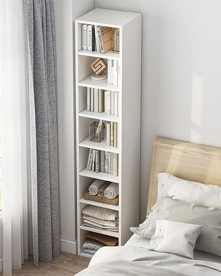 IOTXY Small Narrow Corner Bookcase - 59 Inches Tall Gap Freestanding Storage Cabinet, 7 Lattices Open Shelves Tower Rack, Cubes Bookshelf in White - LeafyLoom