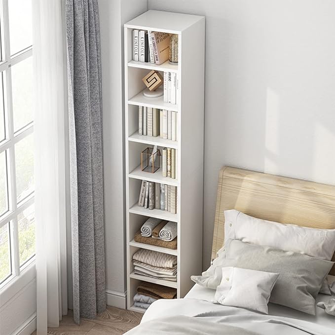 IOTXY Small Narrow Corner Bookcase - 59 Inches Tall Gap Freestanding Storage Cabinet, 7 Lattices Open Shelves Tower Rack, Cubes Bookshelf in White - LeafyLoom