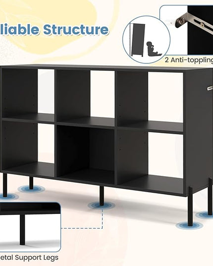 LOKO 6 Cube Bookcase, 3-Tier Floor Open Bookshelf with 5 Metal Legs, Cube Storage Organizer with Adjustable Shelves, Modern Display Shelving for Living Room, Study, Bedroom, Office (black) - LeafyLoom
