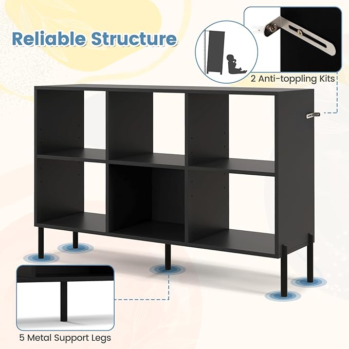 LOKO 6 Cube Bookcase, 3-Tier Floor Open Bookshelf with 5 Metal Legs, Cube Storage Organizer with Adjustable Shelves, Modern Display Shelving for Living Room, Study, Bedroom, Office (black) - LeafyLoom