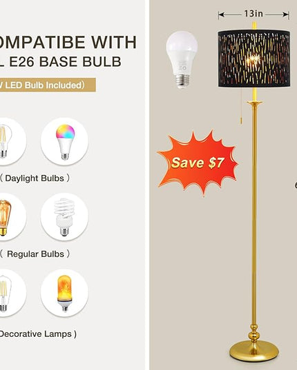 Luvkczc Traditional 60" Tall Standing Lamp for Living Room with Gothic Lampshade&Pull Chain - Tall Corner Reading Standing Lamp for Bedroom, Office, Home Decor (Bulb Included) - LeafyLoom