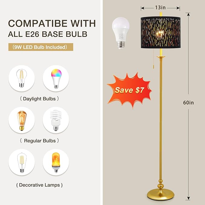 Luvkczc Traditional 60" Tall Standing Lamp for Living Room with Gothic Lampshade&Pull Chain - Tall Corner Reading Standing Lamp for Bedroom, Office, Home Decor (Bulb Included) - LeafyLoom