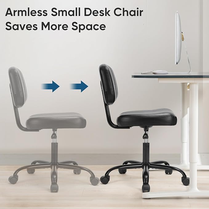 DUMOS Armless Home Office Chair Ergonomic Desk with Comfy Low Back Lumbar Support, Height Adjustable PU Leather Computer Task with 360° Swivel Wheels, for Small Space, Kids and Adults, Black - LeafyLoom