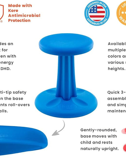Kore Kids Junior Wobble Chair - Flexible Seating Stool for Classroom, Elementary School, ADD/ADHD - Made in The USA - Junior- Age 8-9, Grade 3-4, Blue (16in) - LeafyLoom