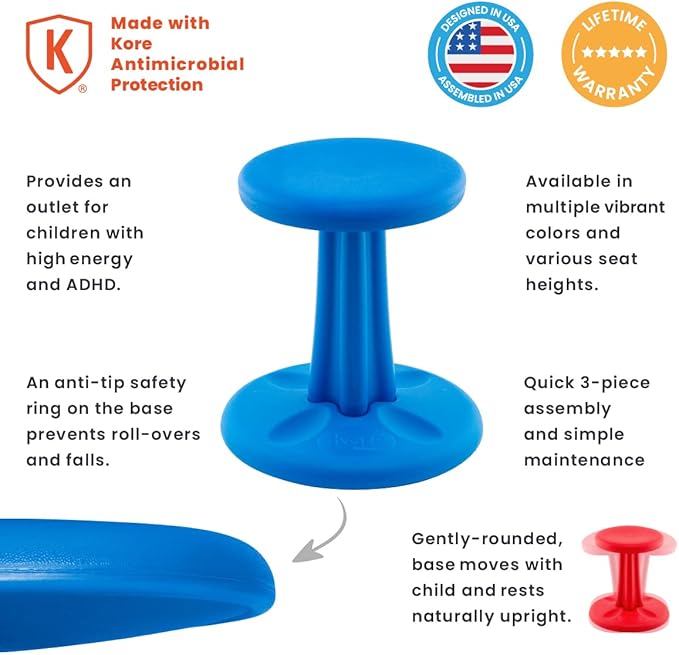 Kore Kids Junior Wobble Chair - Flexible Seating Stool for Classroom, Elementary School, ADD/ADHD - Made in The USA - Junior- Age 8-9, Grade 3-4, Blue (16in) - LeafyLoom