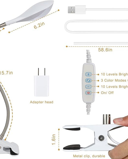 Desk lamp Eye-Caring Table Lamps, 360°Rotation Gooseneck Clip on Lamp Reading Light, Portable Reading Book Light, Clamp Light, Study Desk Lamps for Bedroom and Office Home Lighting (White-C02) - LeafyLoom