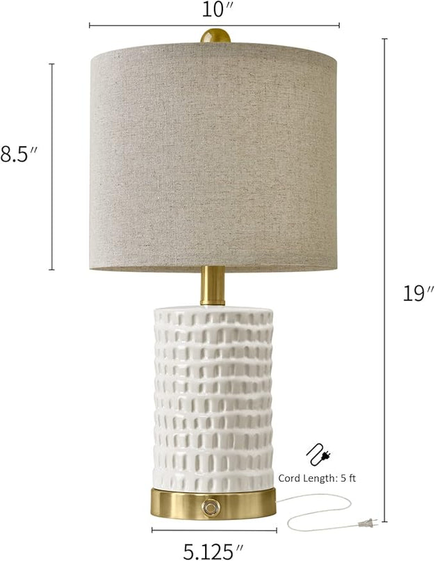 PORTRES 19" Farmhouse 3-Way Dimmable Touch Ceramic Table Lamp Set of 2 for Bedroom White Bedside Lamps with USB A+C Charging Ports for Living room Nightstand Lamp End Table lamps - LeafyLoom