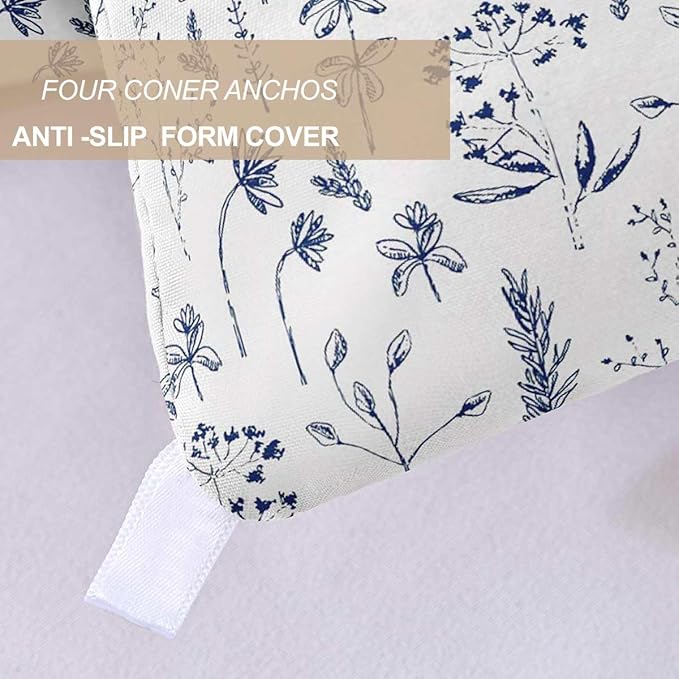 Nanko Blue Floral Comforter Set Queen Size 3 Pcs, White Flower Leaf Printed Pattern Spring Soft Microfiber Alternative Duvet, Vintage Farmhouse Lightweight Bedding Set Bed in a Bag for Women Men 90x90 - LeafyLoom
