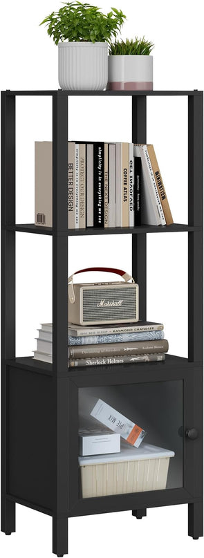 TUTOTAK 4 Tier Bookcase and Bookshelf, Narrow Book shelf with Door for Small Space, for Living Room, Office, Study, Entryway, Black BS03BK004 - LeafyLoom