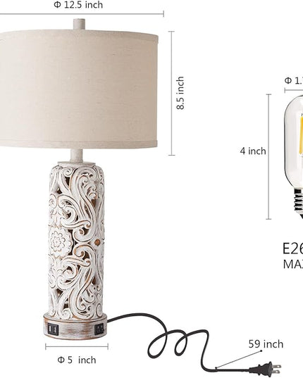 RORIANO Set of 2 Rustic Farmhouse Table Lamps for Living Room Bedroom, Vintage Bedside Lamp with Dual USB Port, Antique White Resin Retro Nightstand Lamps with Night Light, 2 Bulbs Include - LeafyLoom