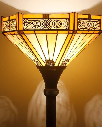 WERFACTORY Tiffany Floor Lamp Yellow Hexagon Stained Glass Mission Light 12X12X66 Inches Torchiere Standing Corner Torch Uplight Decor Bedroom Living Room Home Office S011 Series - LeafyLoom