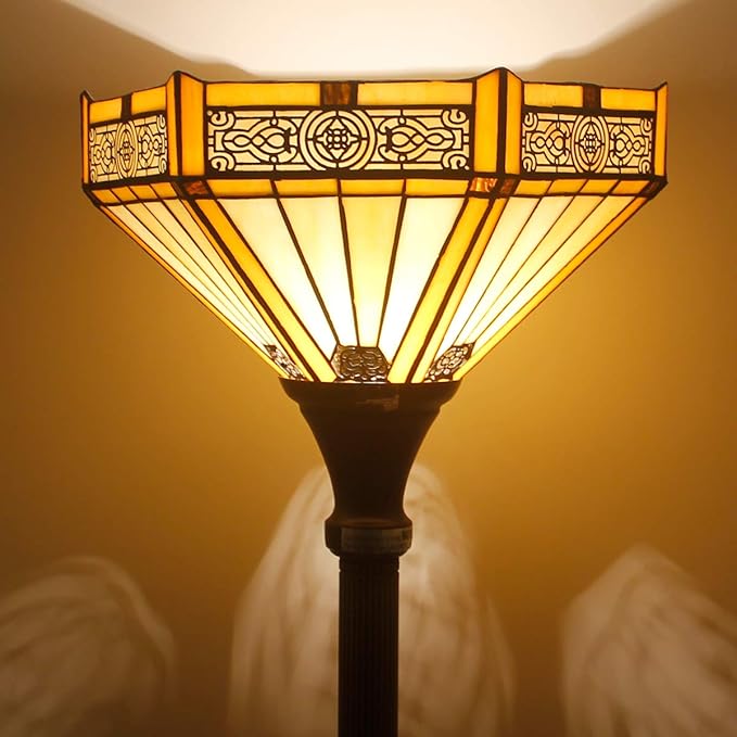 WERFACTORY Tiffany Floor Lamp Yellow Hexagon Stained Glass Mission Light 12X12X66 Inches Torchiere Standing Corner Torch Uplight Decor Bedroom Living Room Home Office S011 Series - LeafyLoom