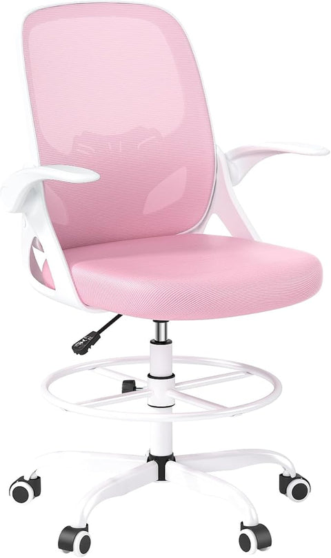 Drafting Chair Tall Office Chair for Standing Desk Adjustable Tall Desk Chair with Footrest Ring and Lumbar Support Ergonomic Computer Chair with Flip-up Armrests (Pink) - LeafyLoom