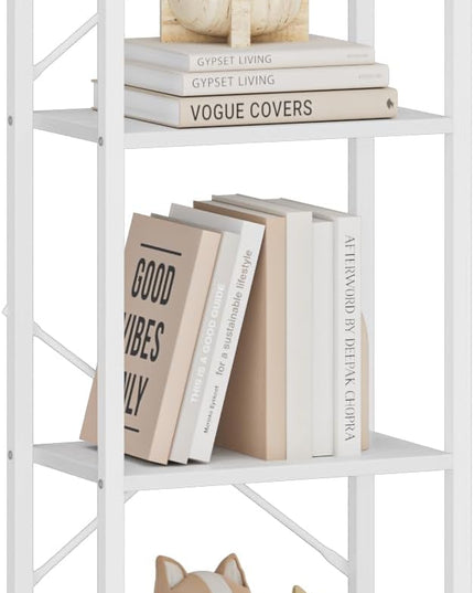 Bookshelf, Book Shelf, Industrial Bookcase with 2 Hooks, Coner Shelf Storage Organizer for Home Office, Living Room, Bedroom, Kitchen, 4-Tier White BC10413W - LeafyLoom
