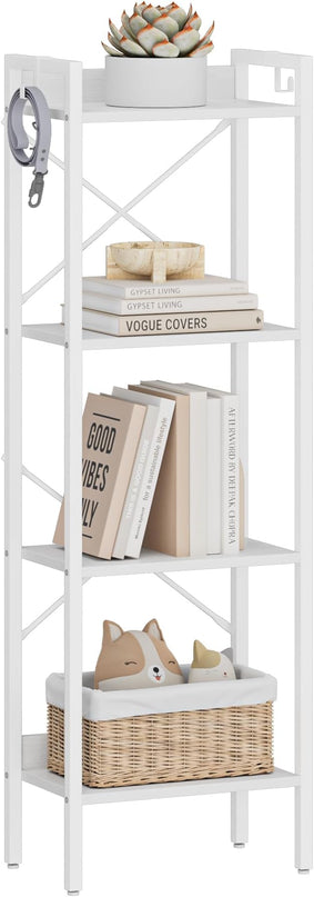 Bookshelf, Book Shelf, Industrial Bookcase with 2 Hooks, Coner Shelf Storage Organizer for Home Office, Living Room, Bedroom, Kitchen, 4-Tier White BC10413W - LeafyLoom