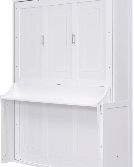 Queen Size Murphy Bed with Shelf, Queen Wall Bed Storage Bed for Guestroom, Office, Space-Saving Design Murphy Bed Frame, No Spring Box Needed, White - LeafyLoom