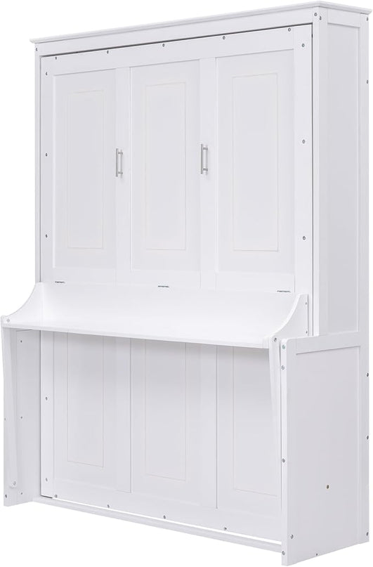 Queen Size Murphy Bed with Shelf, Queen Wall Bed Storage Bed for Guestroom, Office, Space-Saving Design Murphy Bed Frame, No Spring Box Needed, White - LeafyLoom