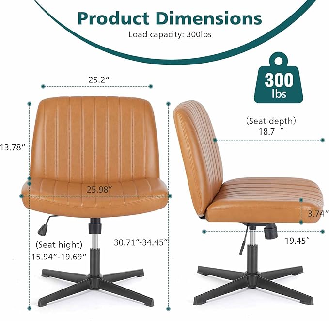 OLIXIS Cross Legged Armless Wide Adjustable Swivel Padded Home Office Desk Chair, Brown - LeafyLoom