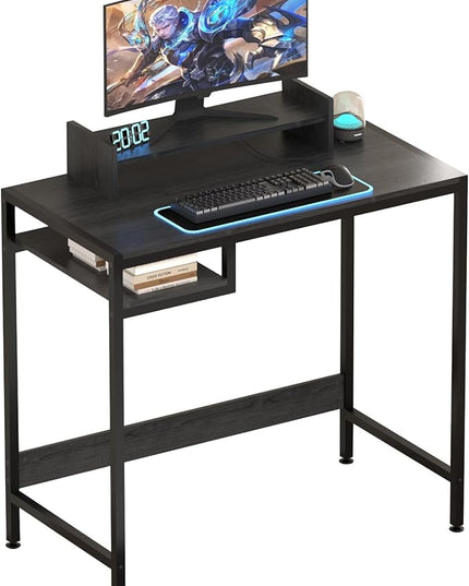 Computer Desk - 32 Inch Home Office Desk with Storage, Gaming Desk with Monitor Stand, Modern Simple Study Table, Adjustable Storage Space, Black - LeafyLoom