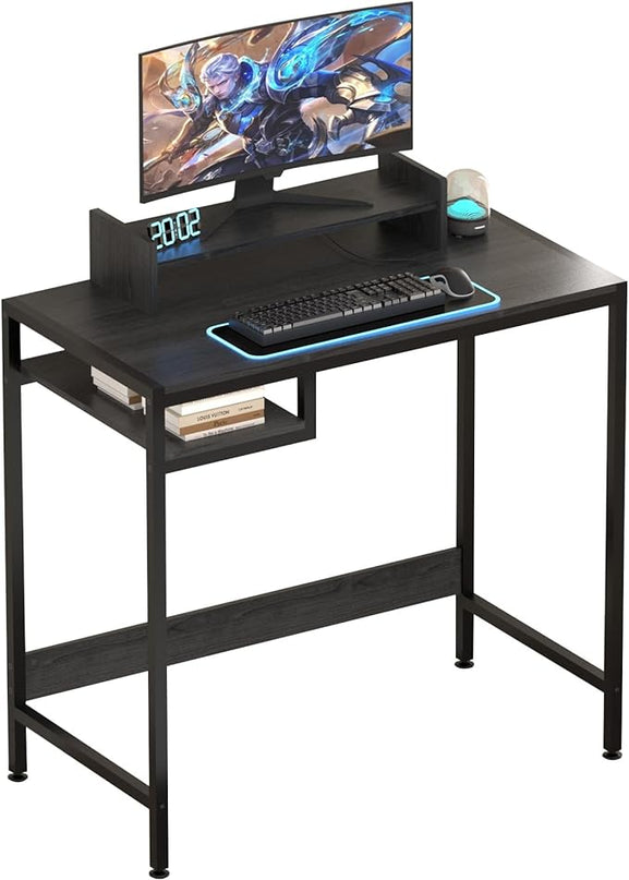 Computer Desk - 32 Inch Home Office Desk with Storage, Gaming Desk with Monitor Stand, Modern Simple Study Table, Adjustable Storage Space, Black - LeafyLoom