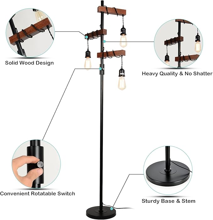 Airposta Industrial Floor Lamp, Farmhouse Tree 68 Inch 3 Lights Wood Standing Lamp, Sturdy Base Tall Vintage Metal Black Pole Light for Living Room Bedroom Office Rustic Home - LeafyLoom