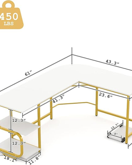 Teraves Reversible L Shaped Desk with Shelves 61“ Computer Desk Gaming Desk for Home Office Corner Office Desk for Small Space - LeafyLoom