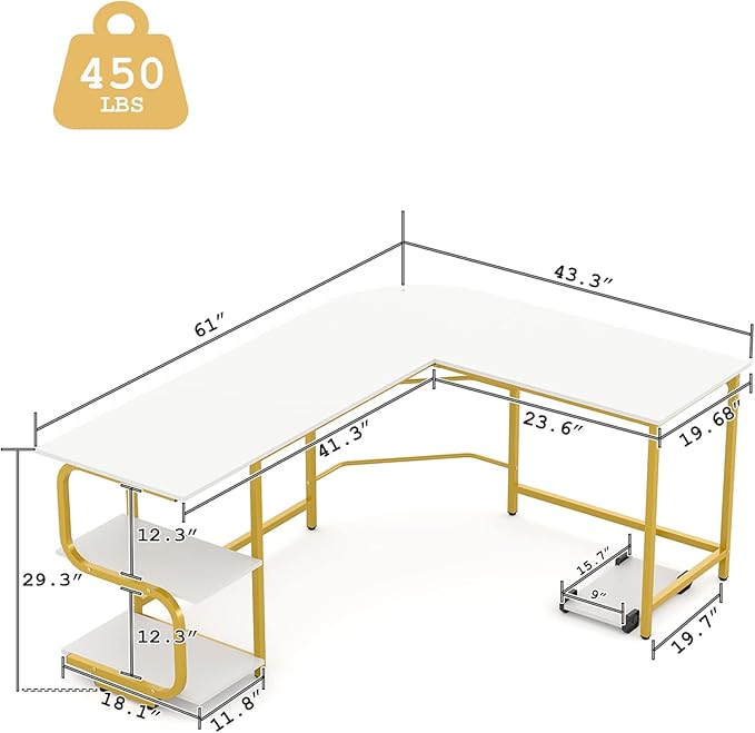 Teraves Reversible L Shaped Desk with Shelves 61“ Computer Desk Gaming Desk for Home Office Corner Office Desk for Small Space - LeafyLoom