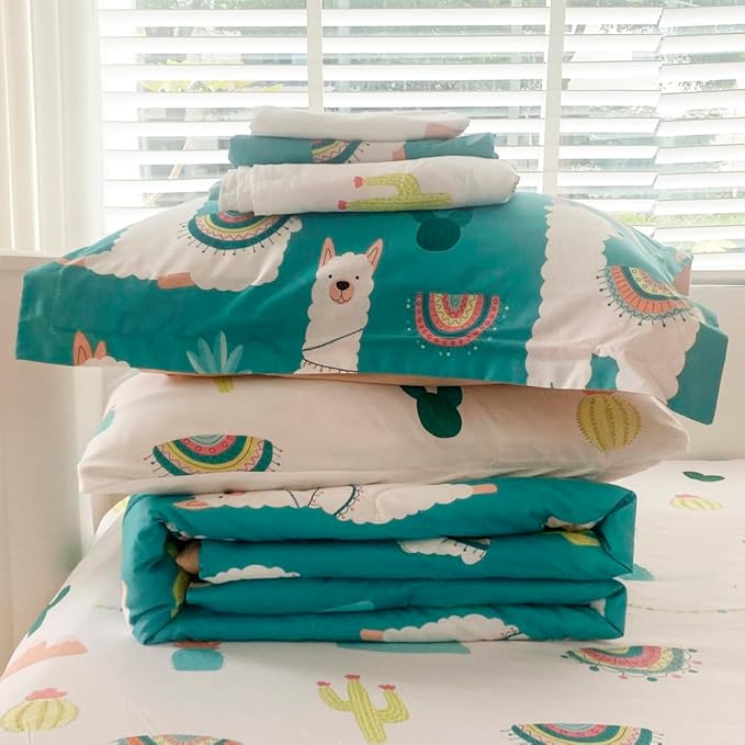 Wajade Kids Llama Comforter Set Bed in A Bag Queen Size 7 Piece Cute Alpaca Tropical Plant Cactus Bedding Set for Girls Boys (1 Comforter, 1 Flat Sheet, 1 Fitted Sheet, 2 Pillowcase and 2 Pillow Sham) - LeafyLoom