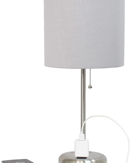 Simple Designs LT1144-GRY Sleek and Slender Brushed Steel Table Lamp with Charging Outlet, for Bedroom, Living Room, Entryway, Office, Dining Room, Study, Gray Shade - LeafyLoom
