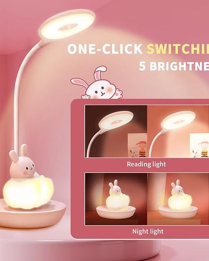 Kids Desk Lamp Pink, Dimming Desk Lamp for Girls with Exclusive Cartoon Look, Cute Night Light for Kids Bedroom, Eye-Caring LED Portable Reading Lamp for Child, Unique Gift (Pink Rabbit) - LeafyLoom