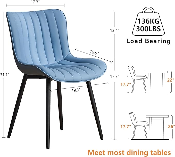 YOUNUOKE Blue Dining Chairs Set of 2 Upholstered Mid Century Modern Kitchen Dinner Chair Armless Faux Leather Guest Waiting Room Side Chair with Padded Backrest Metal Legs for Living Room Bedroom - LeafyLoom