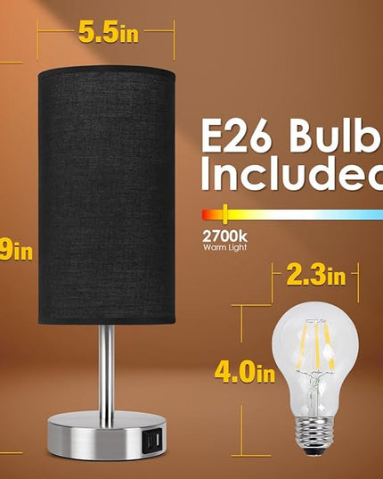 Bedside Lamp with USB Port - Touch Control Table Lamp for Bedroom Wood 3 Way Dimmable Nightstand Lamp with Round Black Shade for Living Room, Dorm, Home Office (LED Bulb Included) (Blacl2) - LeafyLoom