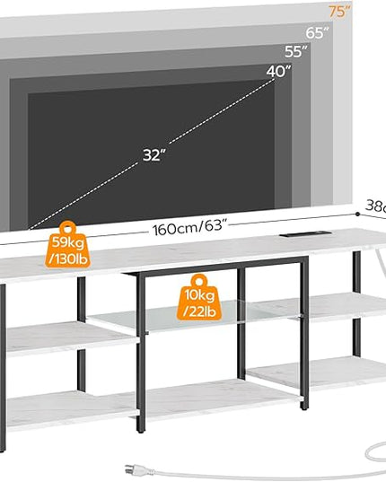 HOOBRO LED TV Stand for 75 Inch TVs with Charging Station, Gaming Entertainment Center with 3-Tier Open Storage, Long 63” Media TV Console Table, TV Stand for Living Room, Marble White BM21UDDS01 - LeafyLoom