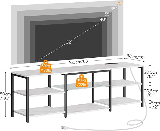 HOOBRO LED TV Stand for 75 Inch TVs with Charging Station, Gaming Entertainment Center with 3-Tier Open Storage, Long 63” Media TV Console Table, TV Stand for Living Room, Marble White BM21UDDS01 - LeafyLoom